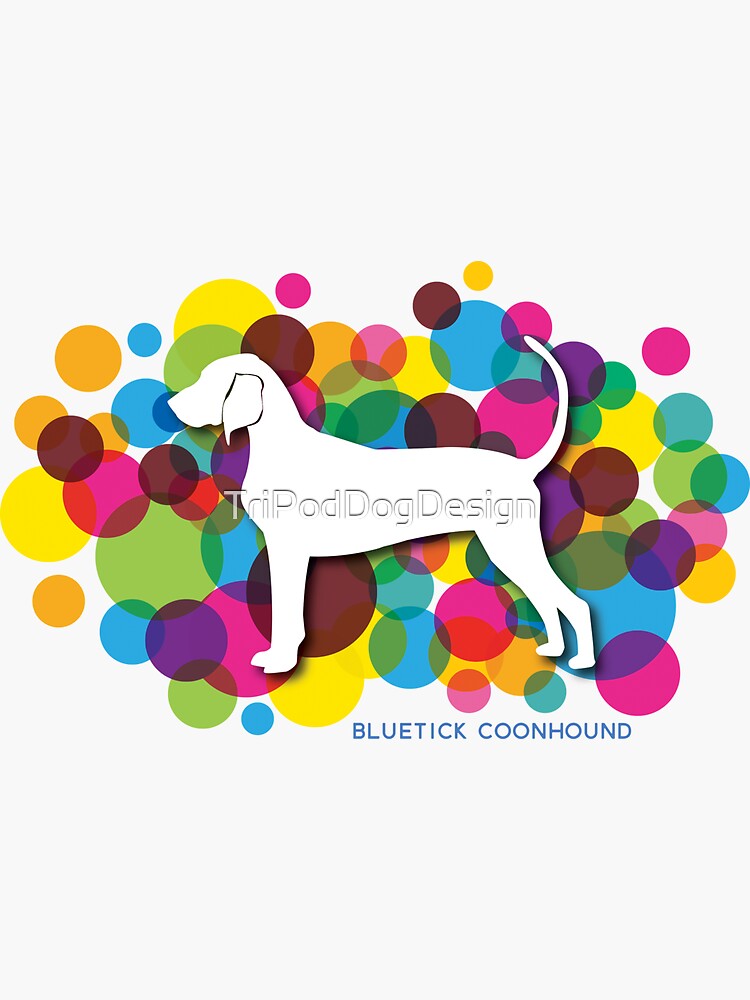 Thumbnail 3 of 3, Sticker, Bluetick Coonhound on Colorful Bubbles Background designed and sold by TriPodDogDesign.