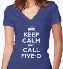 Keep Calm and Call Five-O (White) Women's Fitted V-Neck T-Shirt