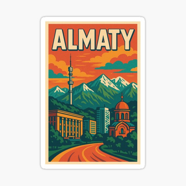 Aperçu de l'œuvre Affiche de voyage rétro Pop Art d'Almaty | Paysage urbain vibrant du Kazakhstan | Design audacieux d'inspiration vintage | Illustration colorée d'un panorama de montagnes | Impression d'art touristique d'Almaty créée et vendue par PaintedPixels01.
