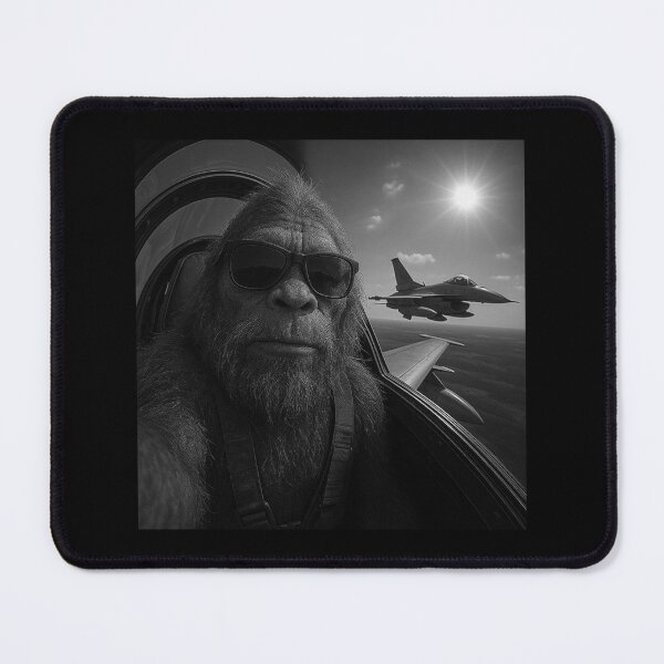 Item preview, Realistic Bigfoot Flying Fighter Jet Selfie – Black and White Aviation Cryptid Art designed and sold by love3617.