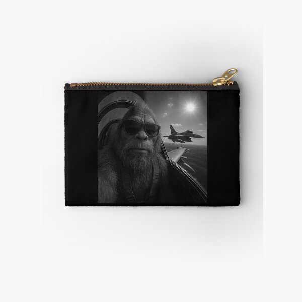 Item preview, Realistic Bigfoot Flying Fighter Jet Selfie – Black and White Aviation Cryptid Art designed and sold by love3617.