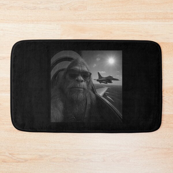 Item preview, Realistic Bigfoot Flying Fighter Jet Selfie – Black and White Aviation Cryptid Art designed and sold by love3617.