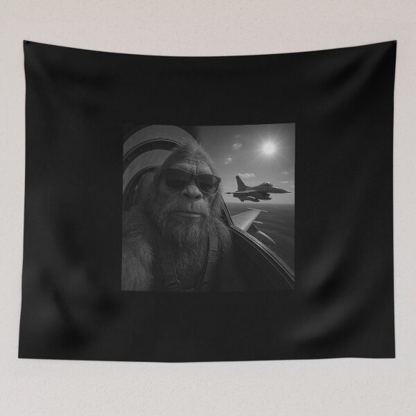 Item preview, Realistic Bigfoot Flying Fighter Jet Selfie – Black and White Aviation Cryptid Art designed and sold by love3617.