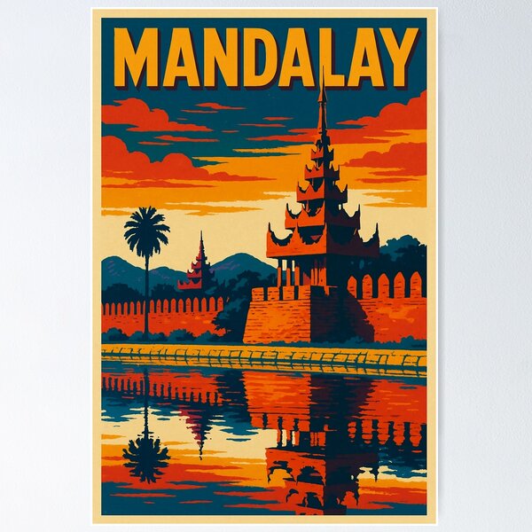 Item preview, Mandalay Retro Pop Art Travel Poster | Vibrant Vintage Cityscape Illustration | Colorful Myanmar Landmark Design | Nostalgic Travel Art | Bold Graphic Tourism designed and sold by PaintedPixels01.