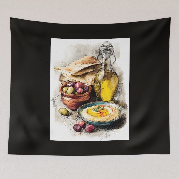 Item preview, Hummus is Life: Rustic Mediterranean Spread with Creamy Hummus Olive Oil and Assorted Olives - Fresh Flatbread designed and sold by OlfactoART Studio.