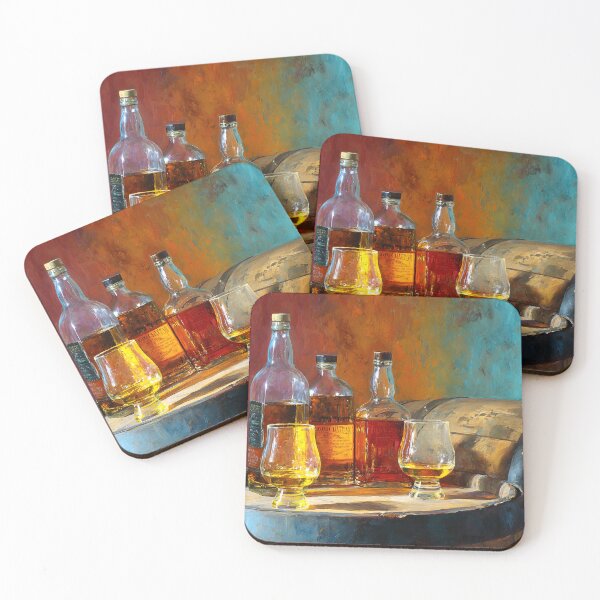 Item preview, Whisky Art for Connoisseurs - Bottles and Glasses on Wooden Barrel with Warm Amber Hues designed and sold by OlfactoART Studio.