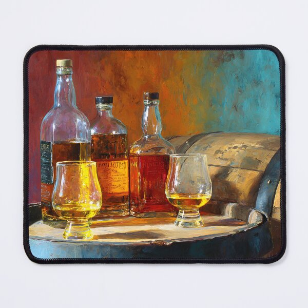 Item preview, Whisky Art for Connoisseurs - Bottles and Glasses on Wooden Barrel with Warm Amber Hues designed and sold by OlfactoART Studio.