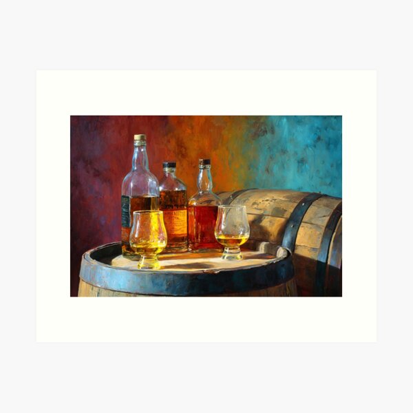 Item preview, Whisky Art for Connoisseurs - Bottles and Glasses on Wooden Barrel with Warm Amber Hues designed and sold by OlfactoART Studio.