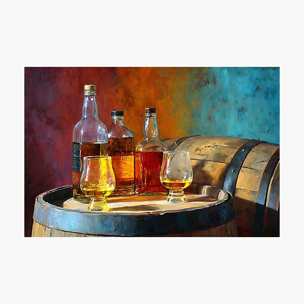 Item preview, Whisky Art for Connoisseurs - Bottles and Glasses on Wooden Barrel with Warm Amber Hues designed and sold by OlfactoART Studio.