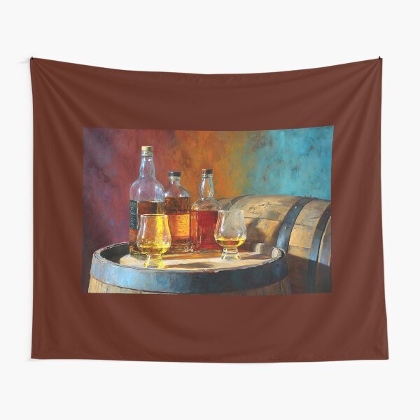 Item preview, Whisky Art for Connoisseurs - Bottles and Glasses on Wooden Barrel with Warm Amber Hues designed and sold by OlfactoART Studio.