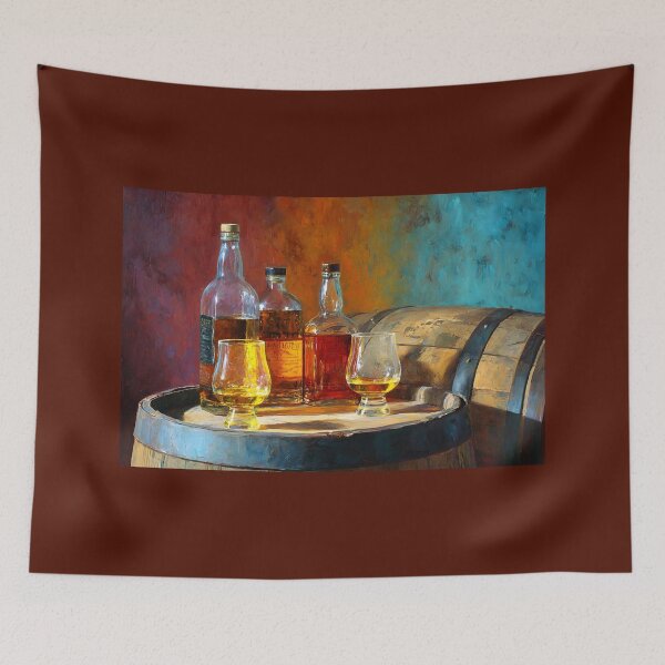 Item preview, Whisky Art for Connoisseurs - Bottles and Glasses on Wooden Barrel with Warm Amber Hues designed and sold by OlfactoART Studio.