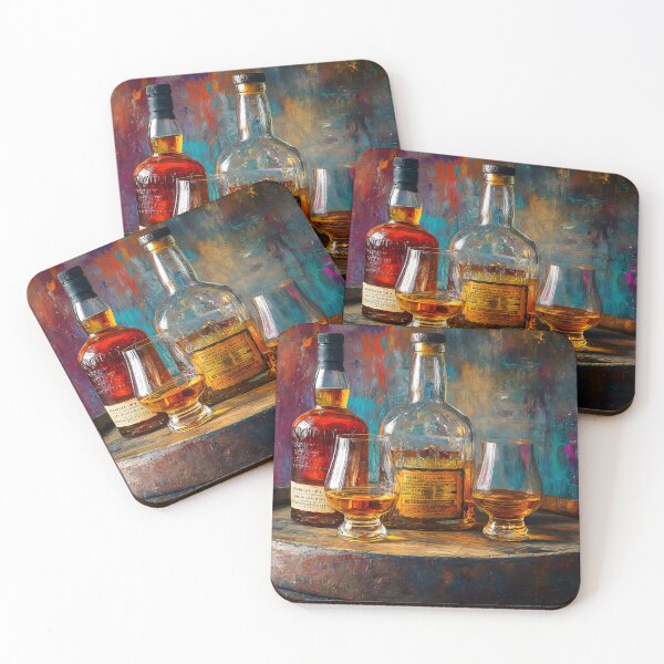 Item preview, Whiskey Bottles and Glasses on Wooden Barrel - Warm Lighting Highlights Amber Tones designed and sold by OlfactoART Studio.