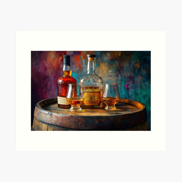 Item preview, Whiskey Bottles and Glasses on Wooden Barrel - Warm Lighting Highlights Amber Tones designed and sold by OlfactoART Studio.