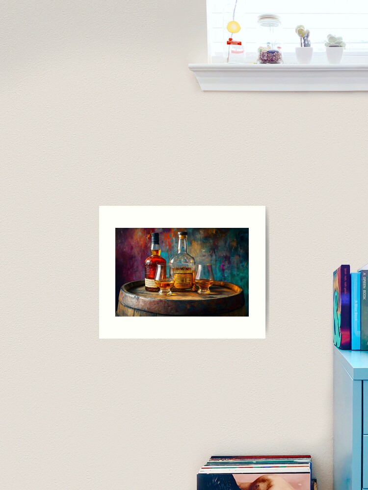 Thumbnail 2 of 3, Art Print, Whiskey Bottles and Glasses on Wooden Barrel - Warm Lighting Highlights Amber Tones designed and sold by Olfacto-ART.