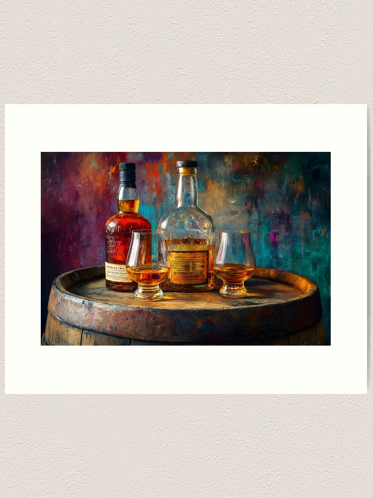 Thumbnail 1 of 3, Art Print, Whiskey Bottles and Glasses on Wooden Barrel - Warm Lighting Highlights Amber Tones designed and sold by Olfacto-ART.