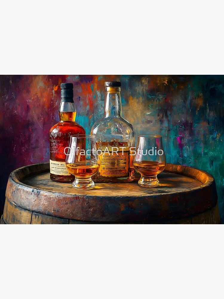 Thumbnail 3 of 3, Art Print, Whiskey Bottles and Glasses on Wooden Barrel - Warm Lighting Highlights Amber Tones designed and sold by Olfacto-ART.