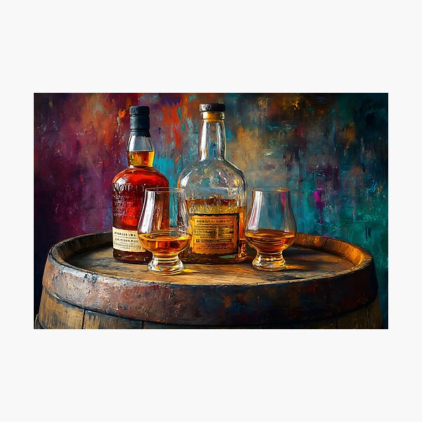 Item preview, Whiskey Bottles and Glasses on Wooden Barrel - Warm Lighting Highlights Amber Tones designed and sold by OlfactoART Studio.