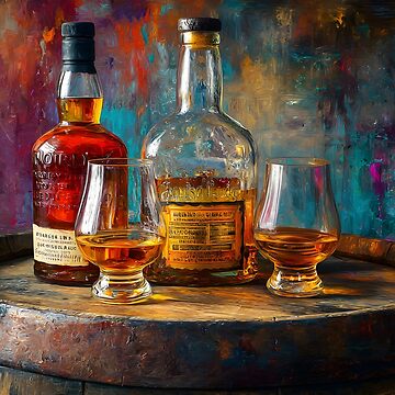 Artwork thumbnail, Whiskey Bottles and Glasses on Wooden Barrel - Warm Lighting Highlights Amber Tones by OlfactoART Studio