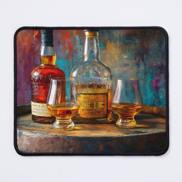 Item preview, Whiskey Bottles and Glasses on Wooden Barrel - Warm Lighting Highlights Amber Tones designed and sold by OlfactoART Studio.