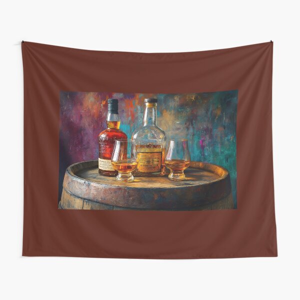 Item preview, Whiskey Bottles and Glasses on Wooden Barrel - Warm Lighting Highlights Amber Tones designed and sold by OlfactoART Studio.