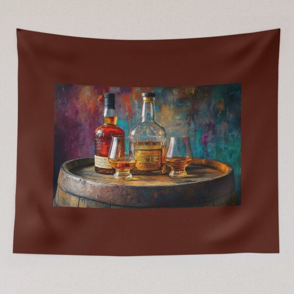 Item preview, Whiskey Bottles and Glasses on Wooden Barrel - Warm Lighting Highlights Amber Tones designed and sold by OlfactoART Studio.