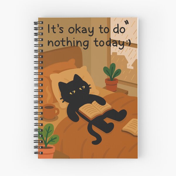 Item preview, Gato negro consciente descansando con un libro y un café | Arte acogedor "Está bien no hacer nada" designed and sold by digifylab.