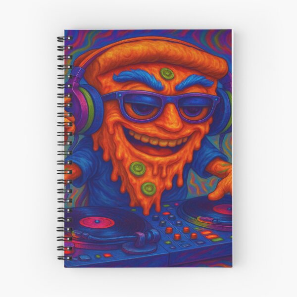 Aperçu de l'œuvre DJ Pizza Slice | Funny Psychedelic Neon Art Poster créée et vendue par buzzprints1234.
