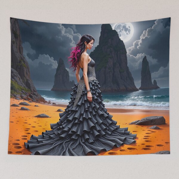 Item preview, Beautiful Girl Standing on an Orange Beach in a Ruffled Dress with a Moonlit Stormy Sky designed and sold by Huskyyy Designs.