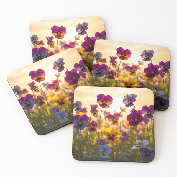 Item preview, Close-up of purple tall pansies in front of late afternoon sunlight designed and sold by EmeraldeaArt.
