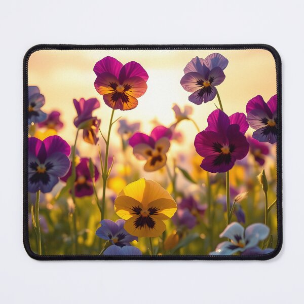 Item preview, Close-up of purple tall pansies in front of late afternoon sunlight designed and sold by EmeraldeaArt.