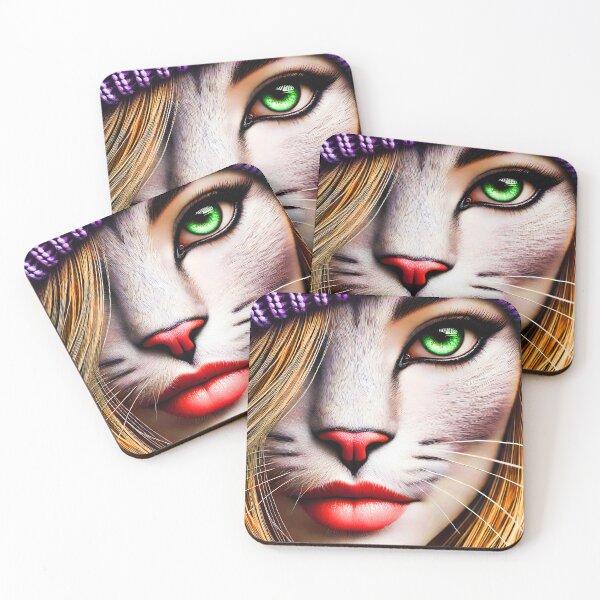 Item preview, Green-Eyed Cat-Faced Woman Hybrid Portrait with Long Blonde Hair and Grey Tabby Fur Wearing Purple Knitted Hat – Fantasy Closeup Illustration	 designed and sold by EmeraldeaArt.