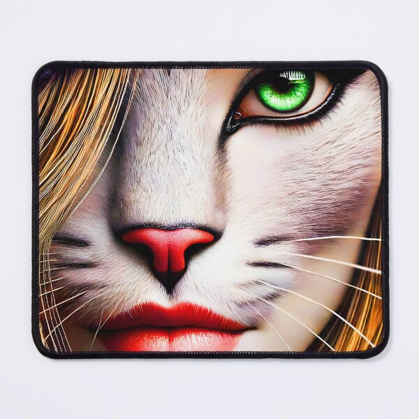 Item preview, Green-Eyed Cat-Faced Woman Hybrid Portrait with Long Blonde Hair and Grey Tabby Fur Wearing Purple Knitted Hat – Fantasy Closeup Illustration	 designed and sold by EmeraldeaArt.