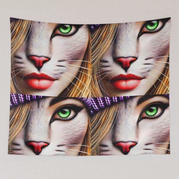 Item preview, Green-Eyed Cat-Faced Woman Hybrid Portrait with Long Blonde Hair and Grey Tabby Fur Wearing Purple Knitted Hat – Fantasy Closeup Illustration	 designed and sold by EmeraldeaArt.