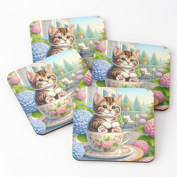 Item preview, Pastel Catpuccino – Tabby Kitty in Vintage Teacup with Hydrangeas designed and sold by EmeraldeaArt.