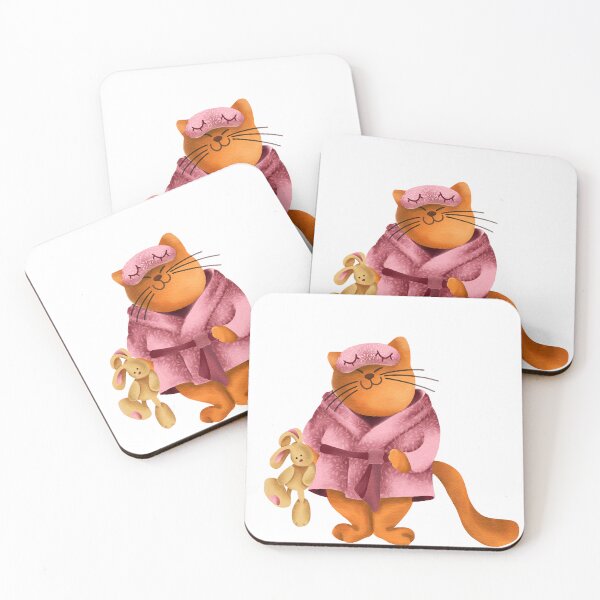 Item preview, cat in a bathrobe, sleepy cat, ginger cat, ginger, cat with a bunny, pink bathrobe, sleep mask, cartoon, children's, watercolor designed and sold by Tetiana Pohurska.