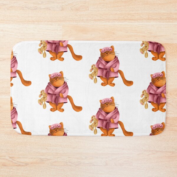 Item preview, cat in a bathrobe, sleepy cat, ginger cat, ginger, cat with a bunny, pink bathrobe, sleep mask, cartoon, children's, watercolor designed and sold by Tetiana Pohurska.
