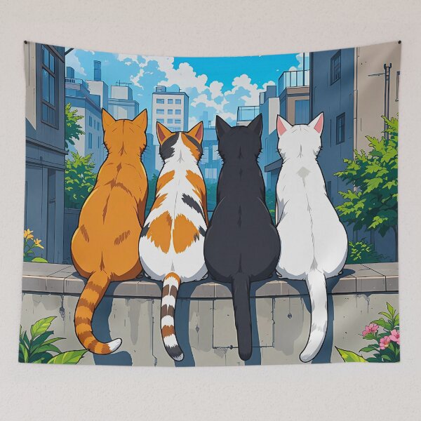 Item preview, Four Anime Cats Overlooking Cityscape Skies Together Poster designed and sold by BorgSpareParts.