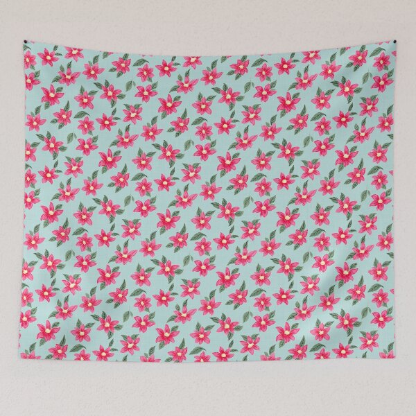 Item preview, Bright Pink Flowers Linen Texture Whimsical Floral Pastel Blue designed and sold by JasmineGDesigns.