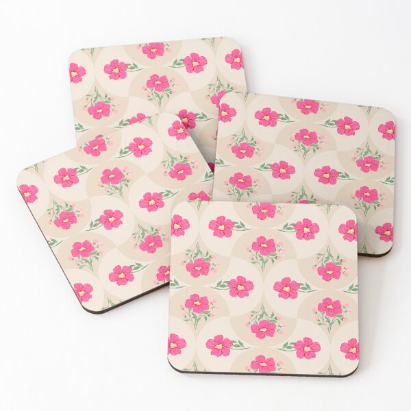 Item preview, Ogee Bright Pink Flowers Scalloped Beige and Ivory designed and sold by JasmineGDesigns.