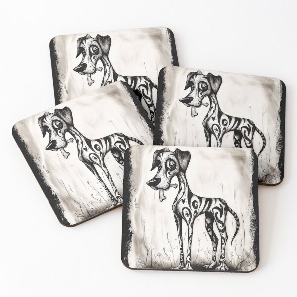 Item preview, Gothic Whimsy Dog with Bone – Surreal Big-Eyed Canine Art designed and sold by Spaabus.