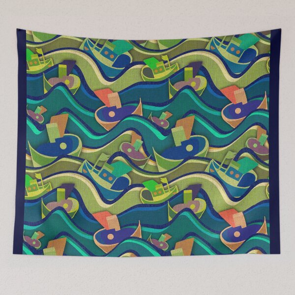 Item preview, Art deco boats in wavy oceans designed and sold by sueshormanart.