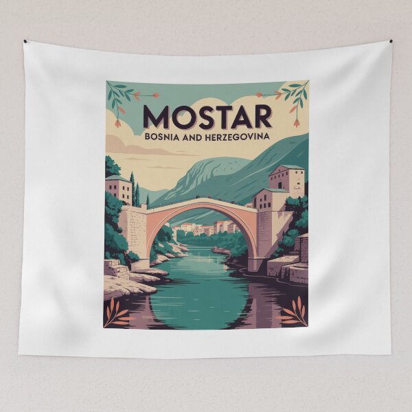 Item preview, Mostar Retro Vintage Poster – Stari Most Bridge | Bosnia & Herzegovina Illustration designed and sold by pod24.