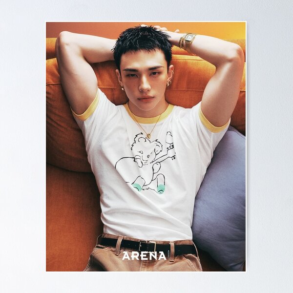 Item preview, Hyunjin muscles hot Arena Stray Kids (스트레이 키즈) SKZ kpop ot8 images poster designed and sold by Kpop-Noona.