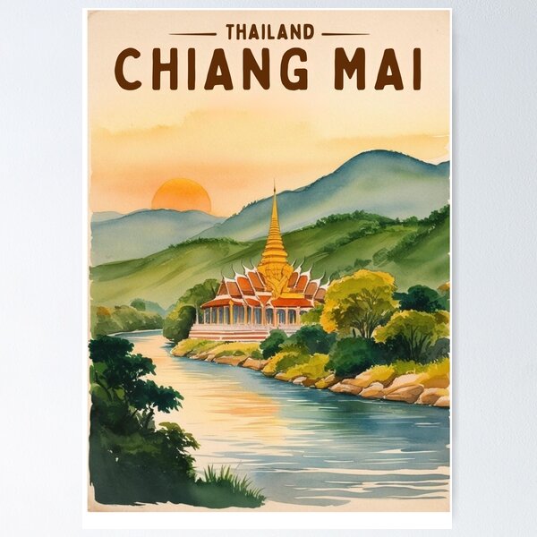Item preview, Chiang Mai Poster, North Thailand Art, Vintage Thailand Travel designed and sold by Bits & Bops Boutique.