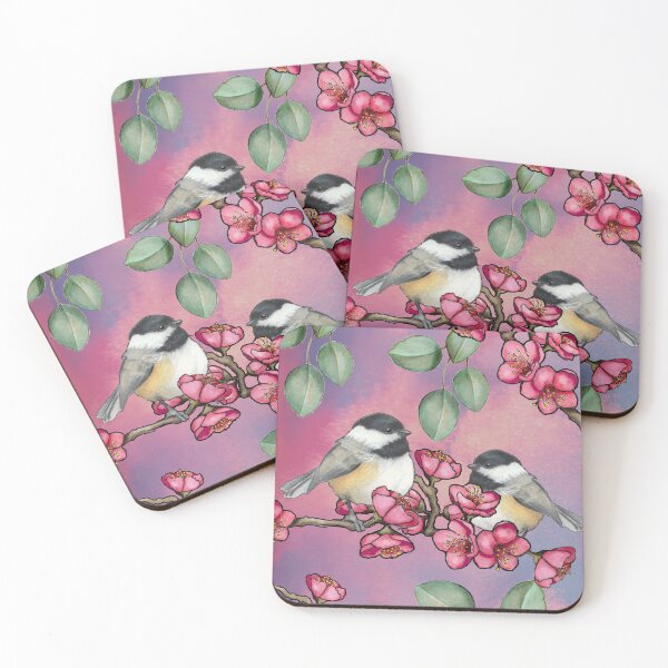 Item preview, Chickadee Birds and Pink Plum Blossoms and Eucalyptus Leaves designed and sold by JoyfulWhimsy.