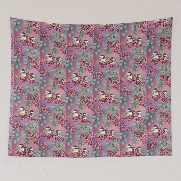 Item preview, Chickadee Birds and Pink Plum Blossoms and Eucalyptus Leaves designed and sold by JoyfulWhimsy.