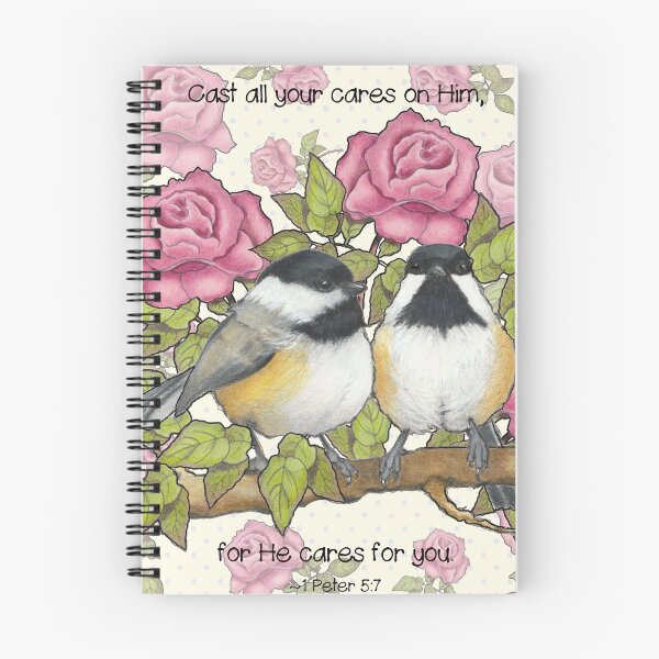 Item preview, Bible Verse Cast All Your Cares on Him with Chickadees and Pink ROSES designed and sold by JoyfulWhimsy.