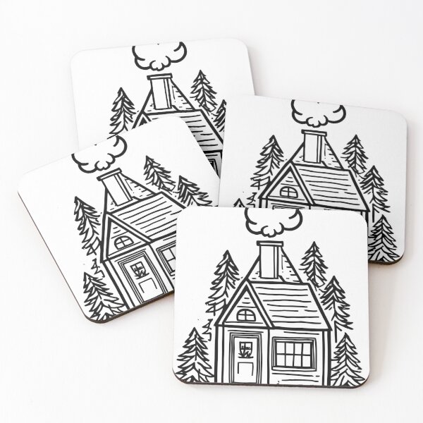 Item preview, Cozy Cabin in the Woods – Black and White Hand-Drawn Line Art designed and sold by echowood26.