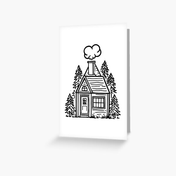 Item preview, Cozy Cabin in the Woods – Black and White Hand-Drawn Line Art designed and sold by echowood26.