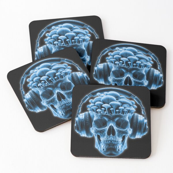Item preview, Fungi Beats: Skull Vibes with Mushrooms and Headphones in Glowing Blue designed and sold by DopeVibeStuff.